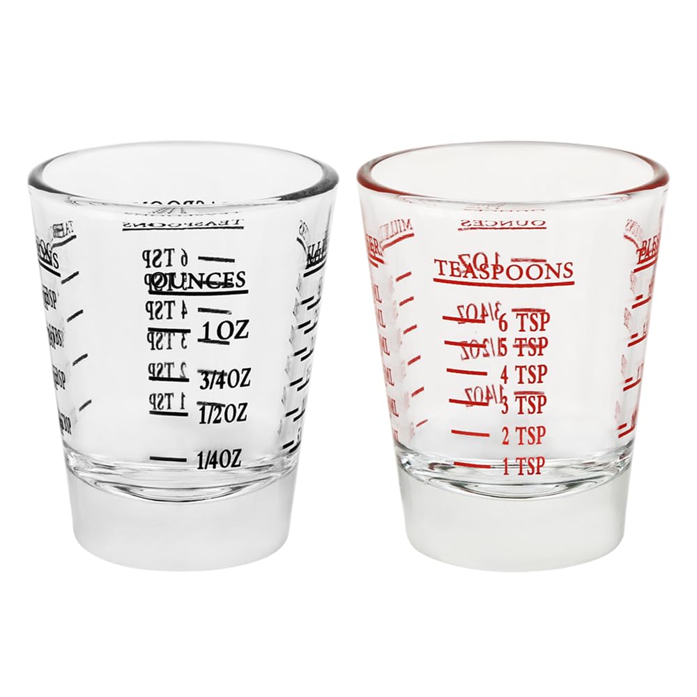 BTGLLAS Set of 2 Shot Glasses - Heavy Glass, Perfect for Measuring Espresso, Wine, and More 26-Incremental Measurement 1oz, 6 Tsp, 2 Tbs, 30ml (2, Red+Black)