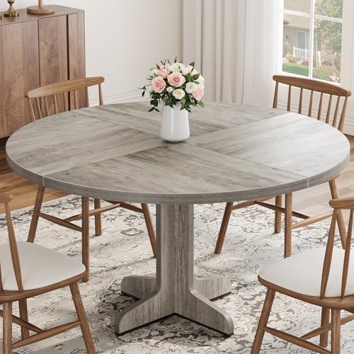 47-Inch Round Farmhouse Dining Table for 4 with Cross-Shaped Metal Base - Grey