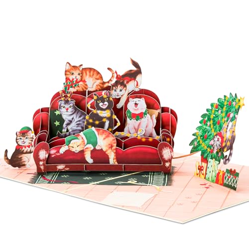 Christmas Sofa Cats Pop Up Card, Meowy Christmas, Xmas Tree, 3D