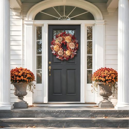 24-Inch Fall Artificial Peony Dahlia Wreath for Front Door Decor - Autumn Leaves