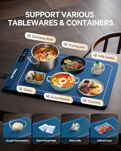 Taseven Blue Food Warming Mat with 7 Temp & 4H Timer, Kids Lock