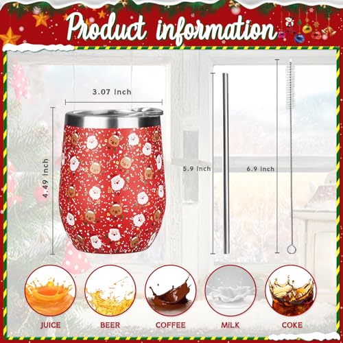 GUDEMAO 1 Pack Christmas Red 12 oz Insulated Stainless Steel Wine Tumbler with Lid & Straw