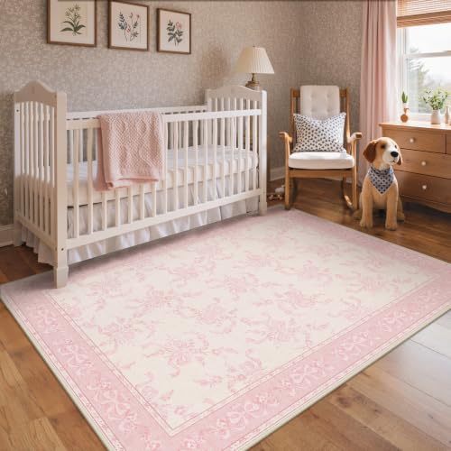 Pink Flower Washable Area Rug 5' x 7' Non-Slip Floral Living Room Decor