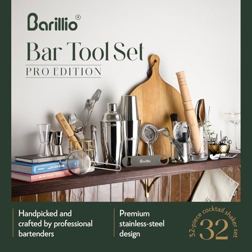 Barillio Pro Edition Silver Cocktail Tool Set - 32-Piece Bartender Kit with Shaker & Muddler
