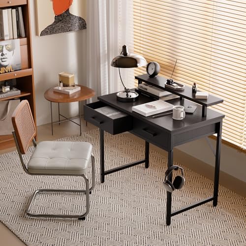 Small Computer Desk with Monitor Stand & Drawers - Black, 32 Inch