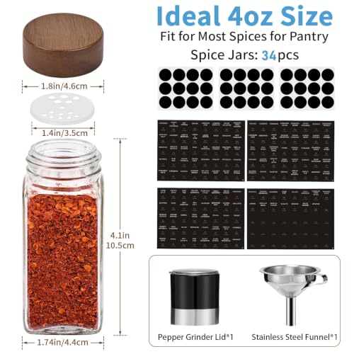 34pcs Glass Spice Jars with Labels - 4oz Seasoning Organizer Set - Black & Wooden Lids