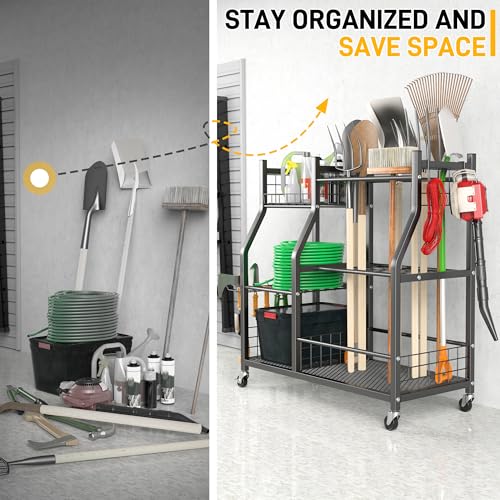Large Garden Tool Organizer Stand with Wheels, Heavy Duty Steel Storage Rack