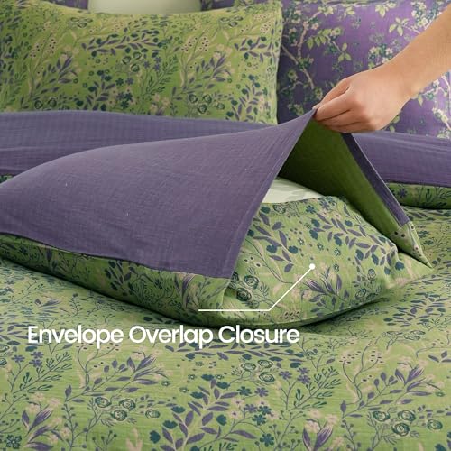 BISELINA Queen Cotton Muslin Duvet Cover Set Reversible Floral Yarn-Dyed Green Purple