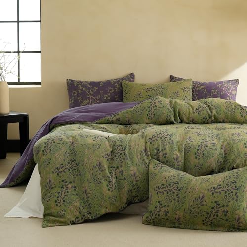 BISELINA Queen Cotton Muslin Duvet Cover Set Reversible Floral Yarn-Dyed Green Purple