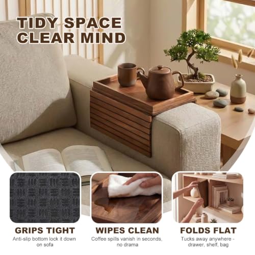 Foldable Bamboo Couch Arm Tray - Dark Brown, Extra Large Storage Shelf