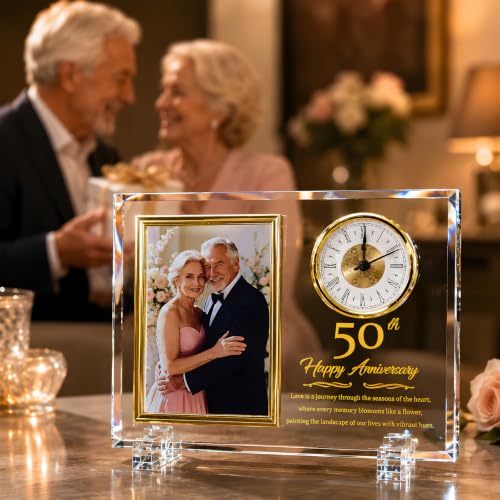 50th Wedding Anniversary Keepsake Crystal Photo Frame with Clock - Golden Gift for Couples, Parents, Grandparents - Holds 4x6 Photo