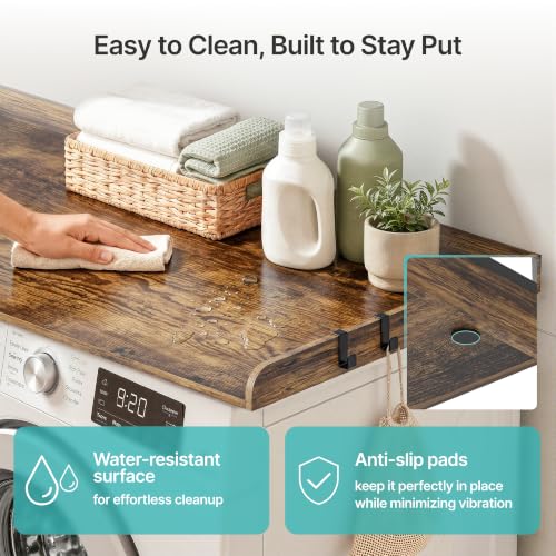PEGZONE 1-Tier Water-Resistant Countertop Laundry Shelf with Adjustable Hooks, Brown