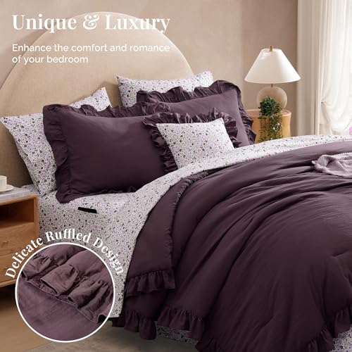 BLOOMHAVEN Full Size Comforter Set 7 Pieces Dark Purple Floral Ruffle Bedding
