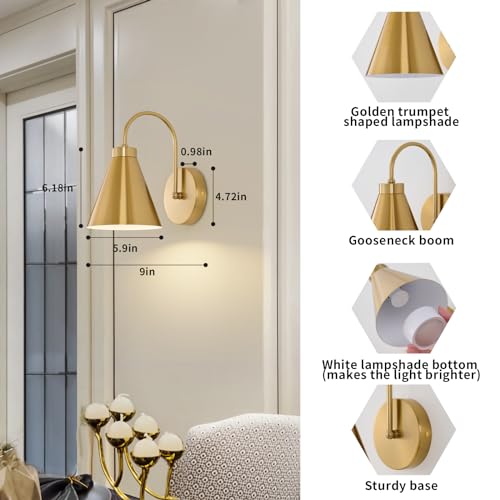 Powfloven Vintage Rechargeable Wall Sconces Set of 2, Gold Battery