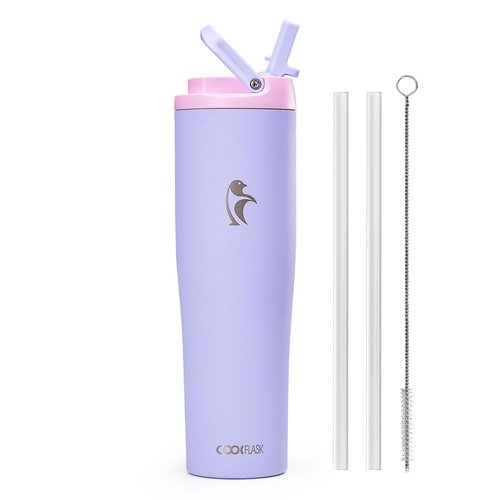 Coolflask Water Bottle 40 oz Fits Car Cup Holder, Slim Tumbler Stainless Steel with Straw & Handle, Vacuum Flask Leakproof Wide Mouth for Travel Sports Gym, Lavender