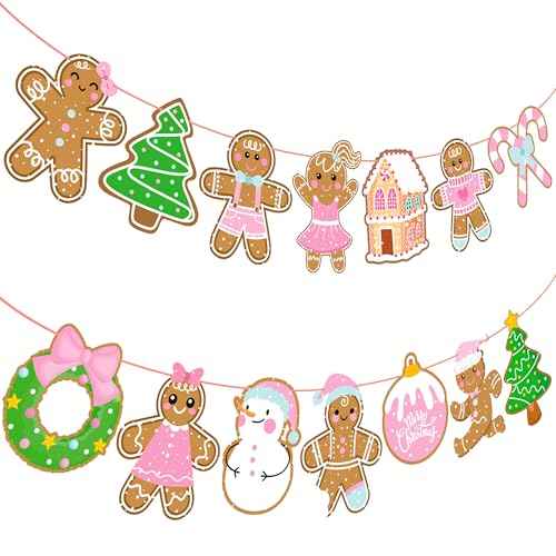 2PCS Gingerbread Party Banners Christmas Gingerbread Man Decorations Pink Gingerbread Party Cutout Banners for Winter Christmas Holiday Party Supplies