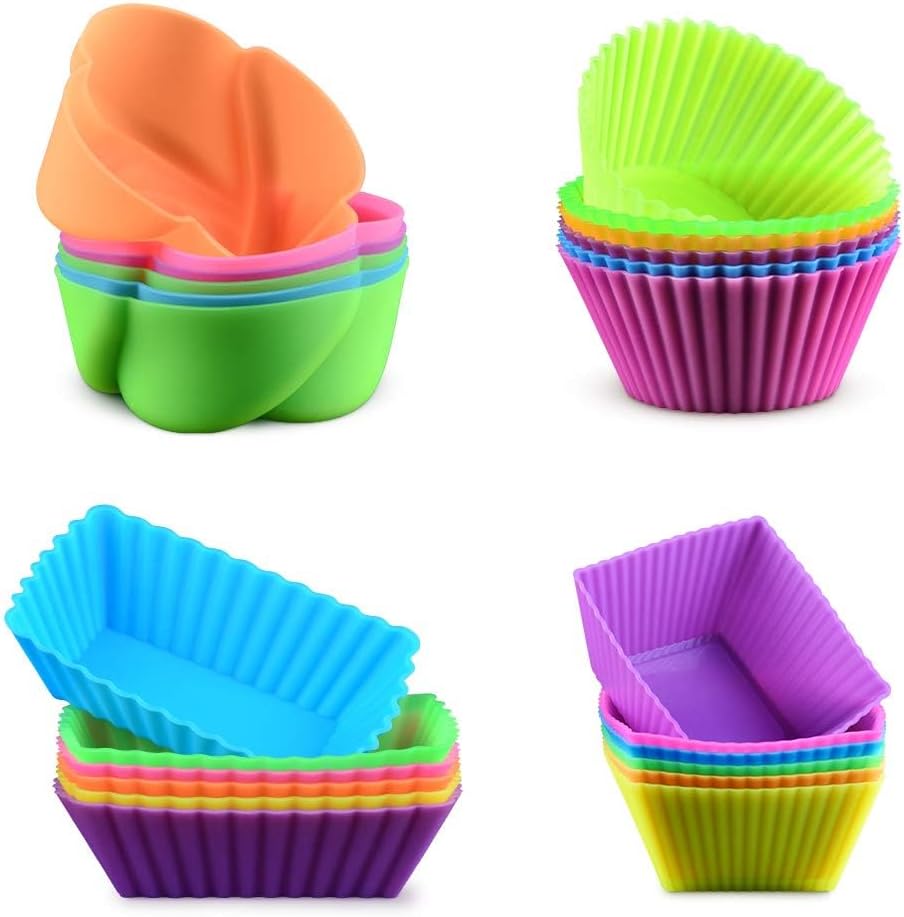Skiennix Silicone Baking Cups | 24 Pcs Reusable Cupcake Liners in Round, Rectangular, Square & Flower Shapes