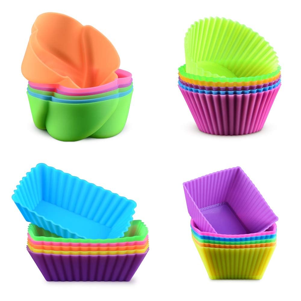 Silicone Baking Cups Cupcake Liners - 24 Pcs Reusable Silicone Molds Including Round, Rectanguar, Square, Flower Food Grade Silicone