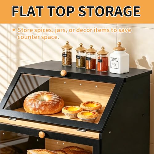 HOMEKOKO Double Layer Wooden Bread Box, Keep Fresh Longer, Black