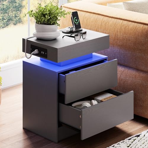Nightstand with Charging Station & LED Light - Grey, 2 Drawers, Modern Compact