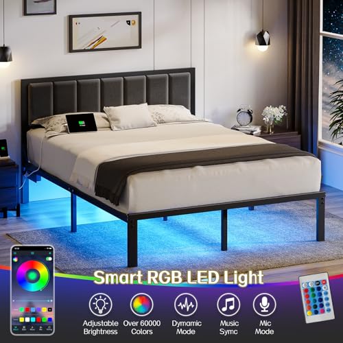 Queen Bed Frame with Headboard, Smart LED & Charging Station - OLEVS
