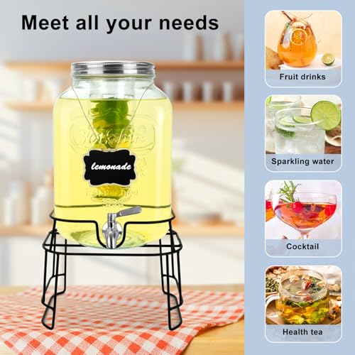 2 Gallon Glass Beverage Dispenser with Stand & Leakproof Stainless Steel Spigot – Lemonade, Water, Iced Tea
