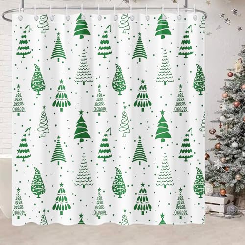 Mocsicka Green Christmas Tree Shower Curtain 72x72 in | Waterproof Polyester Bath Curtain with 12 Hooks