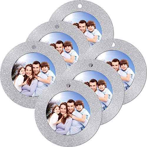 12 Pieces Christmas Magnetic Photo Frame Ornaments with Twine, Glitter Round Holiday Picture Frames Gifts and Tree Decoration for Valentines Day Party Favor (Silver)