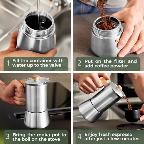 Stainless Steel 10oz Moka Pot with Oak Wood Handle - Italian Espresso Maker for Stovetop & Induction - Toxic-Free Coffee Brewer
