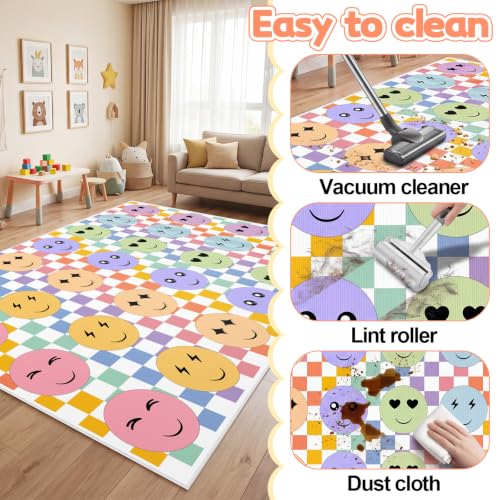 Classroom Rug - Large 7.6x12 ft Pastel Smile Face Play Area Mat - Bright Learning Space - Variation of Pastel / Smile Face
