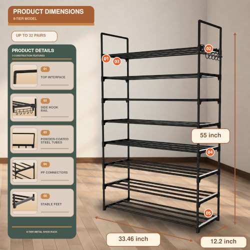 8-Tier Metal Shoe Rack with Hooks - Black, Multi-Use Closet Organizer