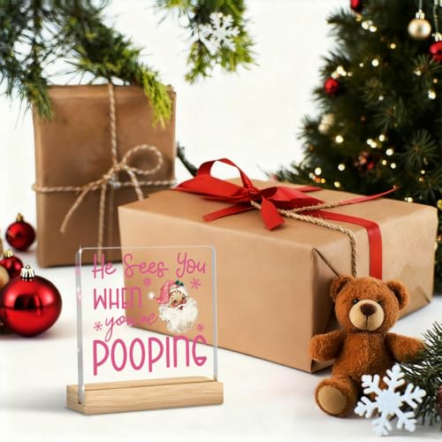 Christmas Bathroom Decor, Funny Pink Christmas Decorations, Santa Claus Acrylic Bathroom Table Decoration He Sees You When You're Pooping Sign, Home Shelf Desk Decor for Toilet 4x4 Inches
