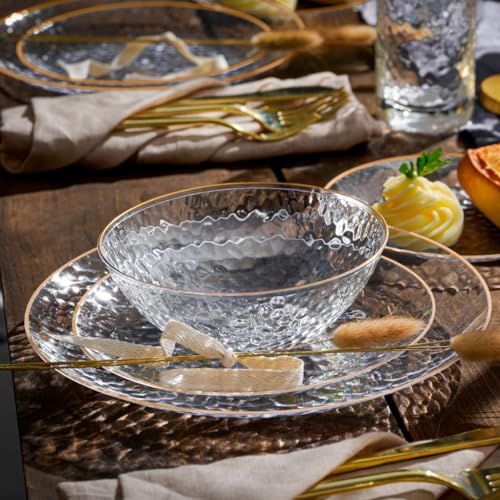 Gold Rimmed Clear Plastic Plates 10 Inch - Heavy Duty Disposable Party Tableware - 100 Pack