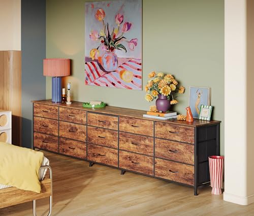Huuger 86.6-Inch Long Dresser with 15 Drawers - Rustic Brown for Bedroom & Living Room