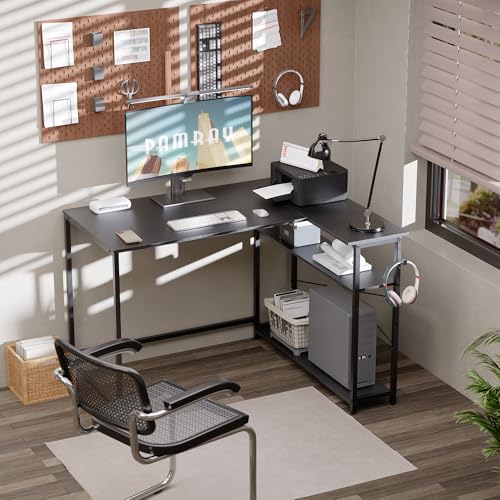 Pamray 43-Inch Black L-Shaped Computer Desk with Reversible Side Shelves, Small Space Home Office & Gaming Table