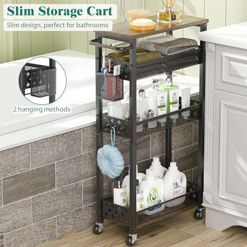 XYZLVSI Black 4-Tier Slim Rolling Storage Cart for Laundry & Small Spaces