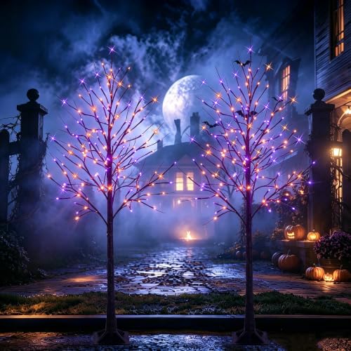 6FT Halloween Lighted Black Birch Tree with Purple & Orange LED Lights, Waterproof Indoor Outdoor Spooky Tree with Timer