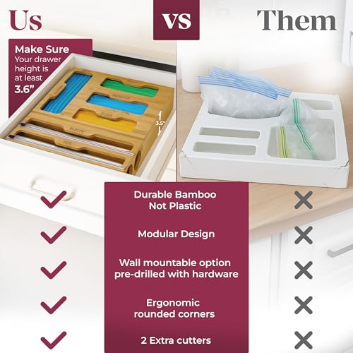 Natural Bamboo Food Storage Bag Organizer with Dispenser & Detachable Design