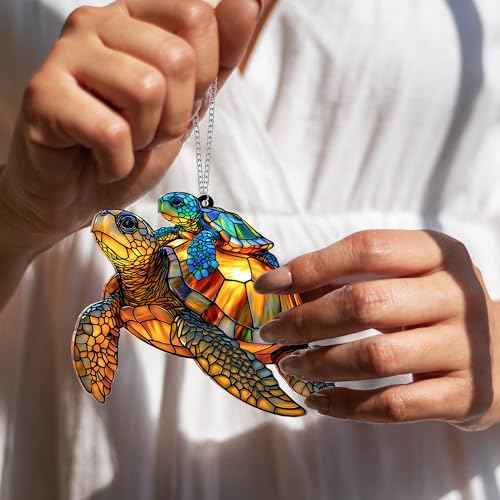 Sea Turtle Acrylic Suncatcher Ornament with Story Card, Sea Turtle Gifts for Women, Beach Gifts for Women, Beach Christmas Ornaments for Tree, White Elephant Presents for Friendship (Motherhood)