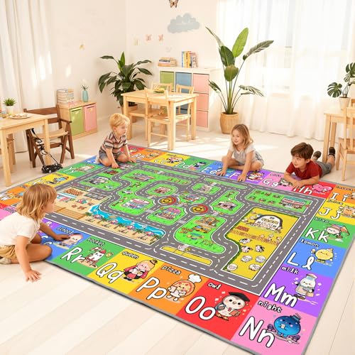 Town Road Kids Play Rug 8x10 ft - Educational City Map for Classroom & Playroom