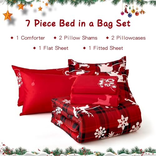 Luxudecor Christmas Queen Comforter Set 7 Pieces, Red Buffalo Plaid