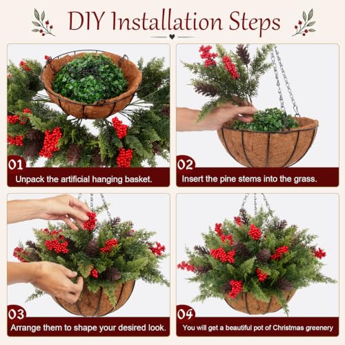 Daynight Artificial Christmas Cedar Pine Hanging Baskets Set with Red Berries & Pinecones - Outdoor Holiday Decor