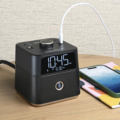 Black CubieBlue Alarm Clock Charger with Bluetooth Speaker, 2 USB & Tamper-Resistant Sockets