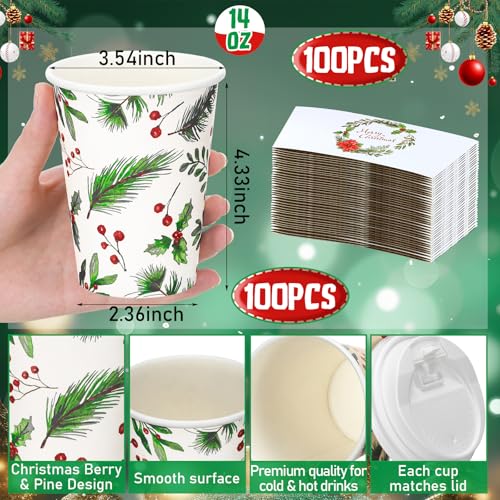 100 Set Christmas Disposable Coffee Cups with Lids Sleeves 14 oz Mug