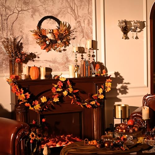 Valery Madelyn 24-Inch Collapsible Fall Wreath with Owl & Pumpkin for Front Door