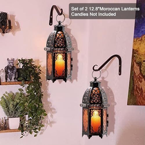 Set of 2 Amber Moroccan Lanterns 12.8'' Hanging & Tabletop Candle Holders, Vintage Copper Finish