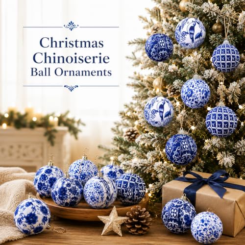 Preboun 12 Pcs Christmas Chinoiserie Blue Ornaments 1.97 Inch