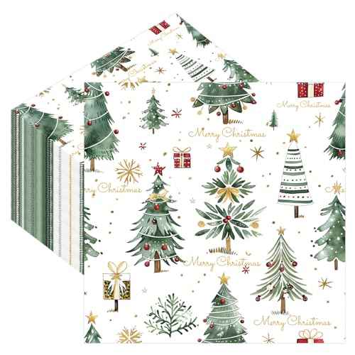 50pcs Christmas Paper Napkins, 6.5inch Disposable Xmas Luncheon Napkins Watercolor Decorative Christmas Tree Napkin for Xmas Dinner Cocktail Winter Holiday Party Supplies Decorations