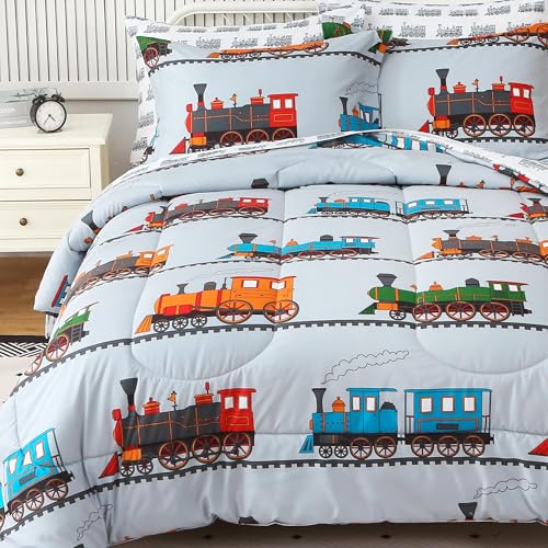 Viviland Kids Twin Bedding Sets with Light Grey Train Pattern, 5 Pieces - Comforter, Sheets & Pillowcase, Twin Size