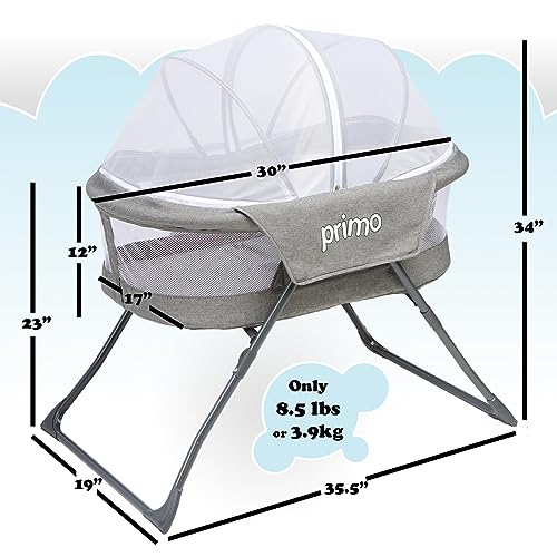 Deluxe Heather Gray Folding Travel Bassinet - Lightweight Baby Bed & Bedside Crib with Mesh Canopy